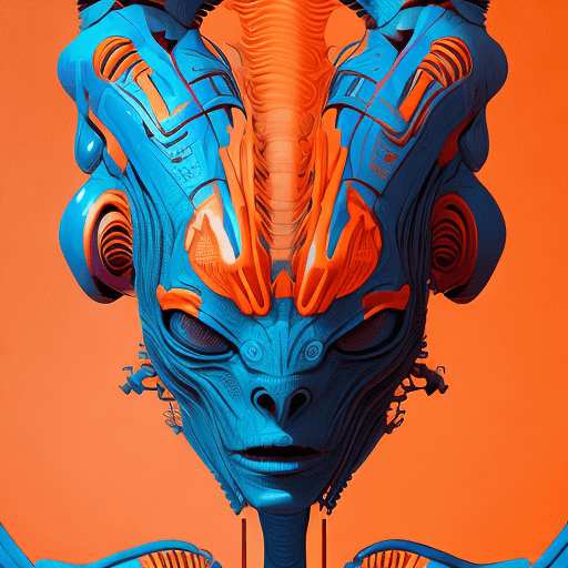 AI generated: alien cyborg art and illustration by theo el, in the style of balanced symmetry, light orange and cy...