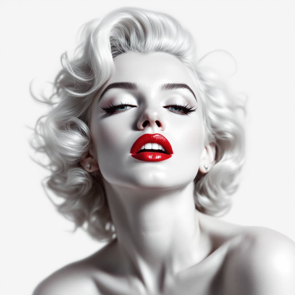 AI generated: white background, beautiful portrait of Marilyn Monroe in white and silver colors, with red lipstick...