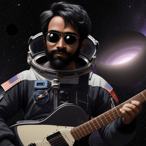 AI generated: Create a unique avatar astronaut playing guitar amidst the backdrop of a black hole in space, that a...