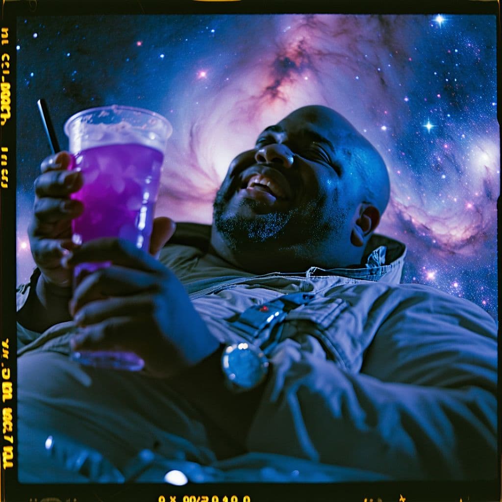 AI generated: grainy 80's photograph quality polaroid of big fat bald elated black man floating in space with a pu...