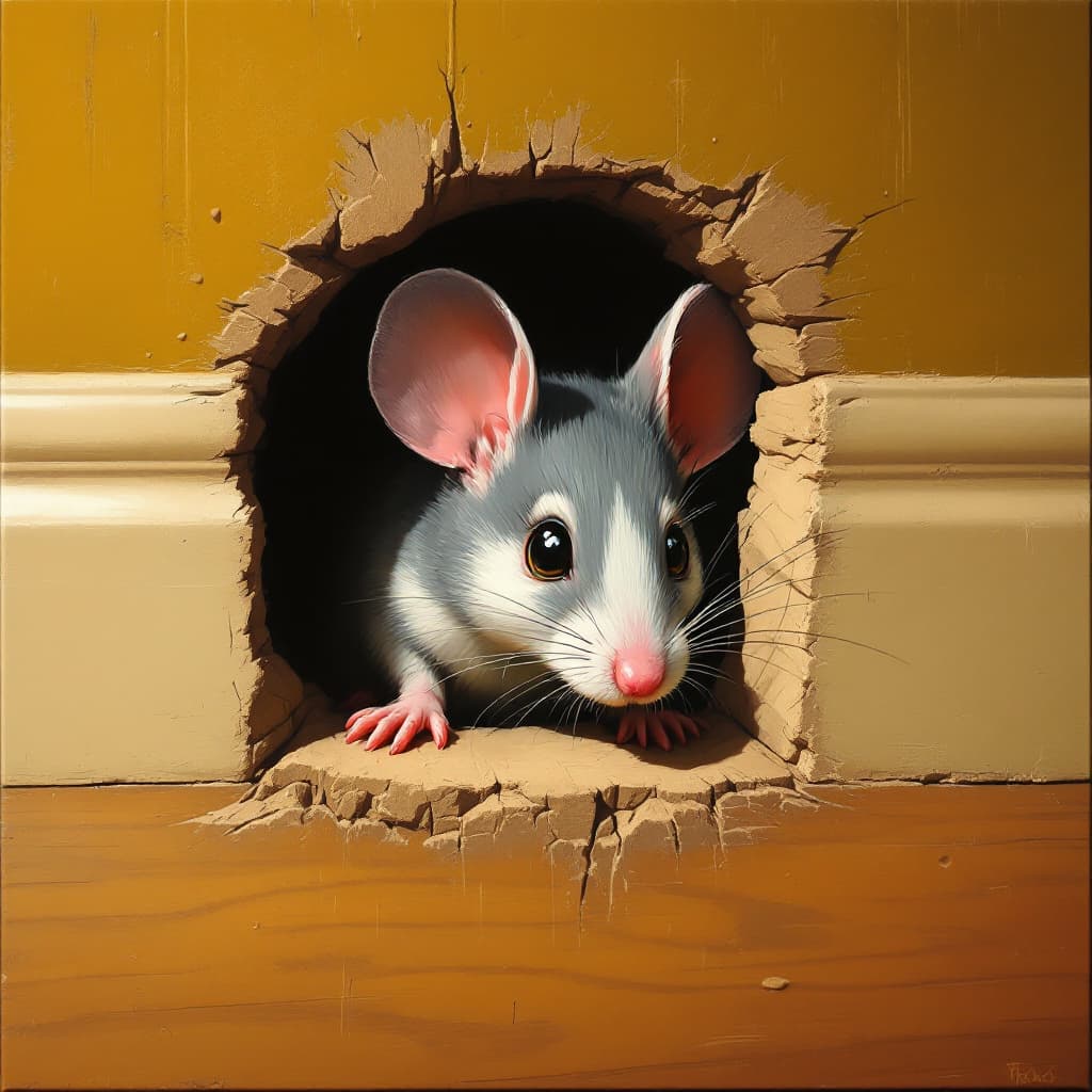 AI generated: "An illusion of a mouse hole in the baseboard with a painted mouse peeking out" "Trompe l’Oeil Style