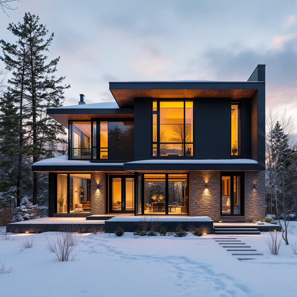 AI generated: architectural house, vertical, horizontal, straight, defined, winter, modern, expensive house