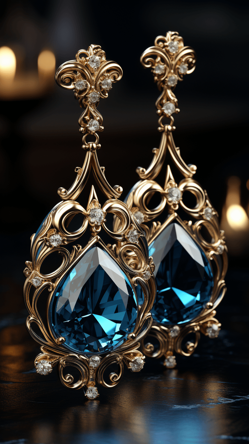 AI generated: full display of baroque style jewelry design, a pair of earrings, blue gemstones, diamonds, highly d...