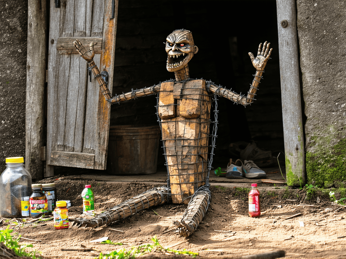 AI generated: create an atmospheric photorealistic image of a figure like an African man but made of wood, rusty m...
