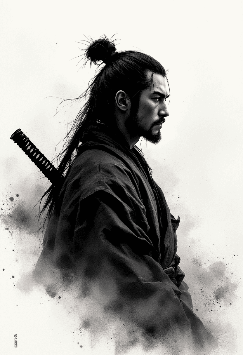 AI generated: A cinematic charcoal ink-wash portrait of a Japanese samurai in profile view, facing left. The samur...