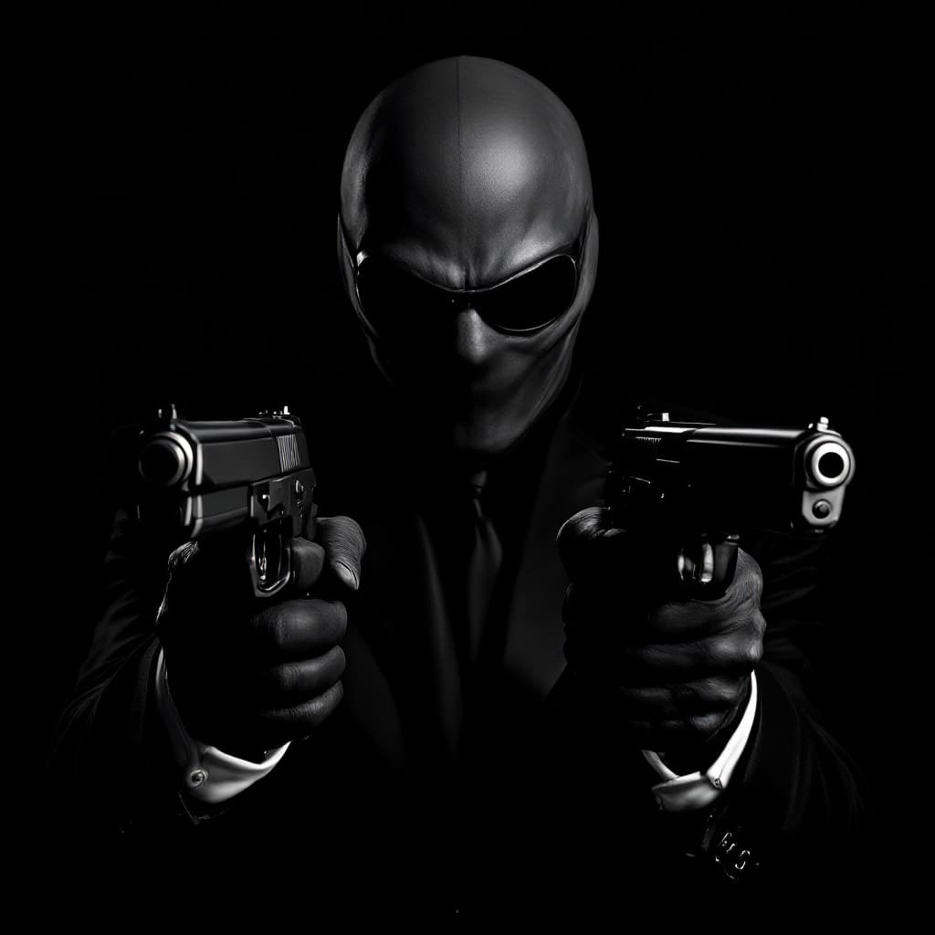 AI generated: The killer in a black suit is holding two pistols with silencers.