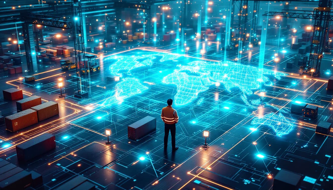 AI generated: /imagine prompt: AI-optimized global logistics hub, autonomous vehicles moving containers with milli...