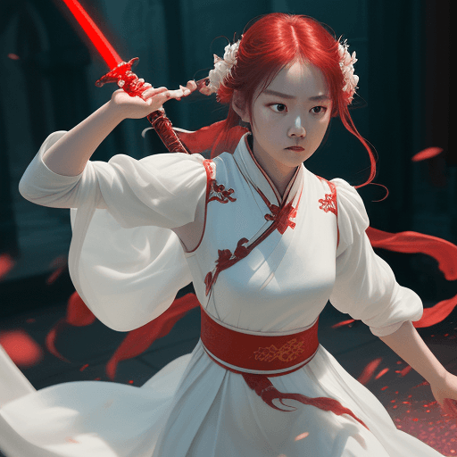 AI generated: the girl is wielding a sword in the background, in the style of xiaofei yue, ethereal images, light ...