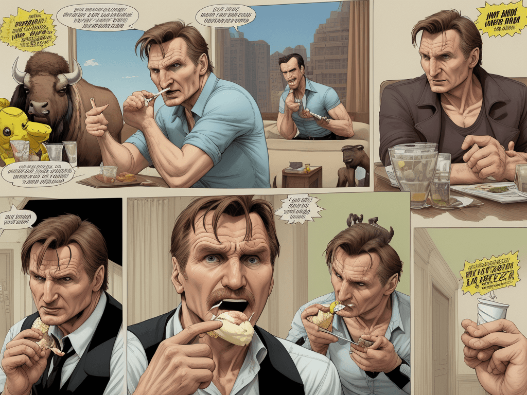 AI generated: telling a short classic comic story in four fragmented separate independent rectangle shape frames: ...