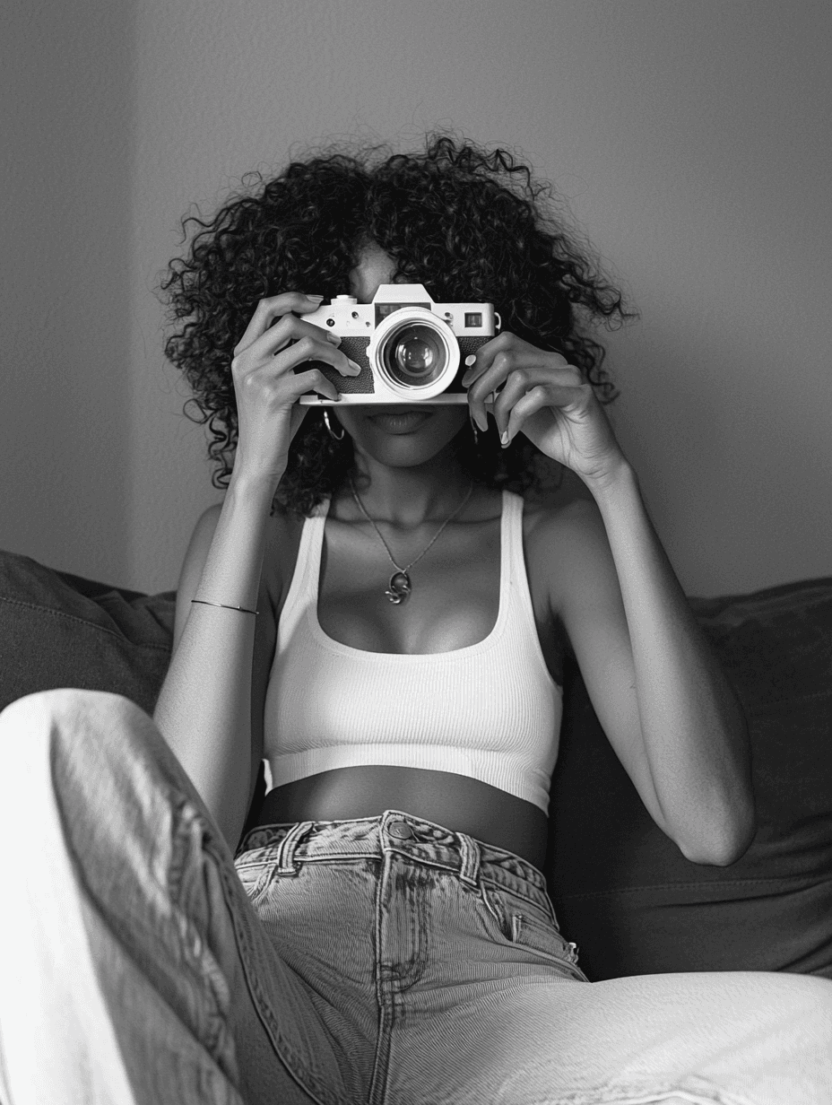 AI generated: A woman is sitting on the couch, wearing wide-leg jeans and a white tank top with curly hair. She is...