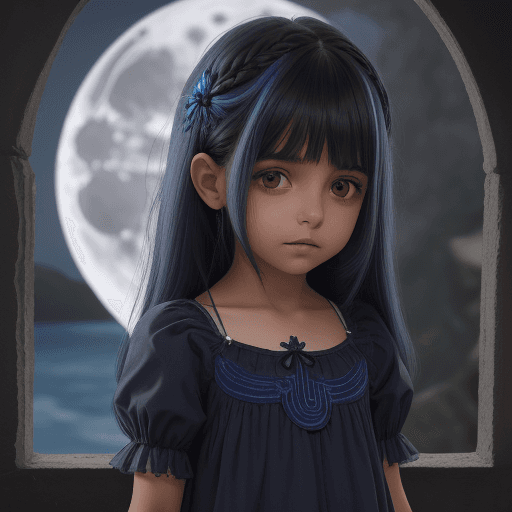 AI generated: 1 niña, flor, vestido, cabello largo, solo, vestido azul, luna, adorno para el cabello, sentado, cab...