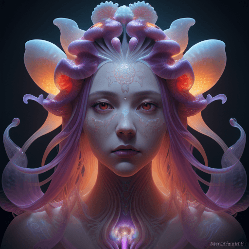 AI generated: Goddess close-up portrait ribcagel. jellyfish phoenix head, nautilus, orchid, skull, betta fish, bio...
