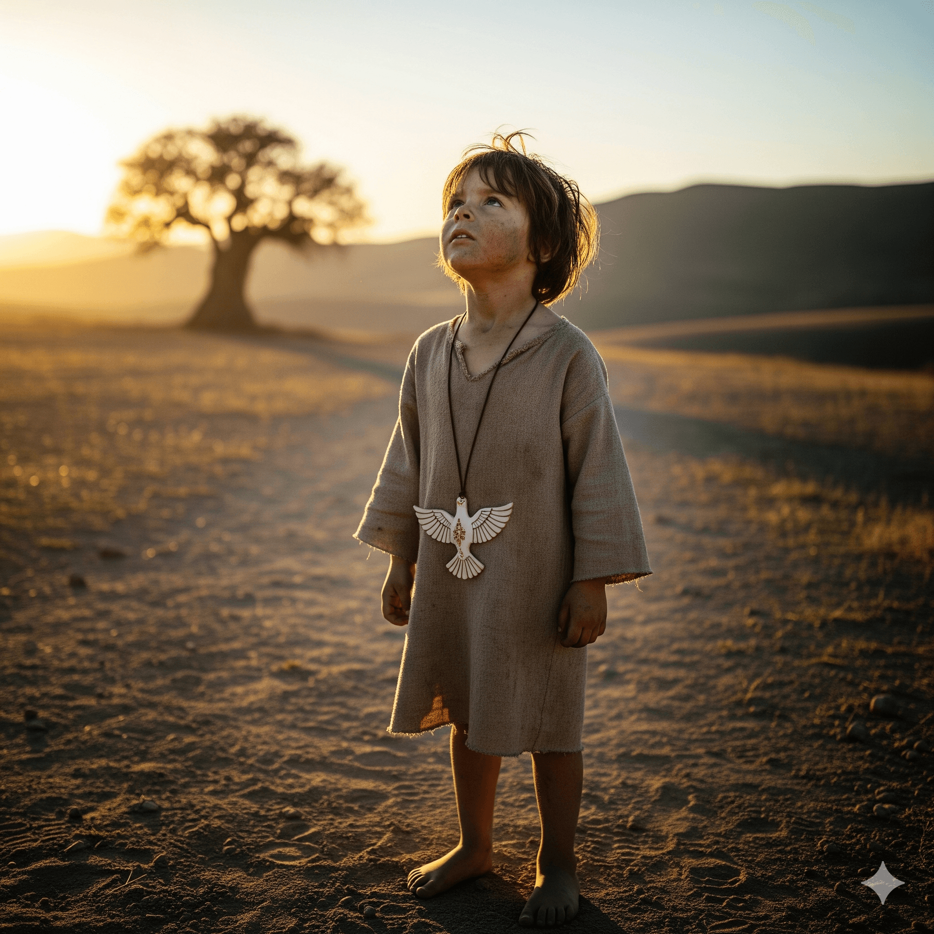 AI generated: A cinematic shot of a young, barefoot boy with a dirty face and a simple tunic. He stands on a sun-d...