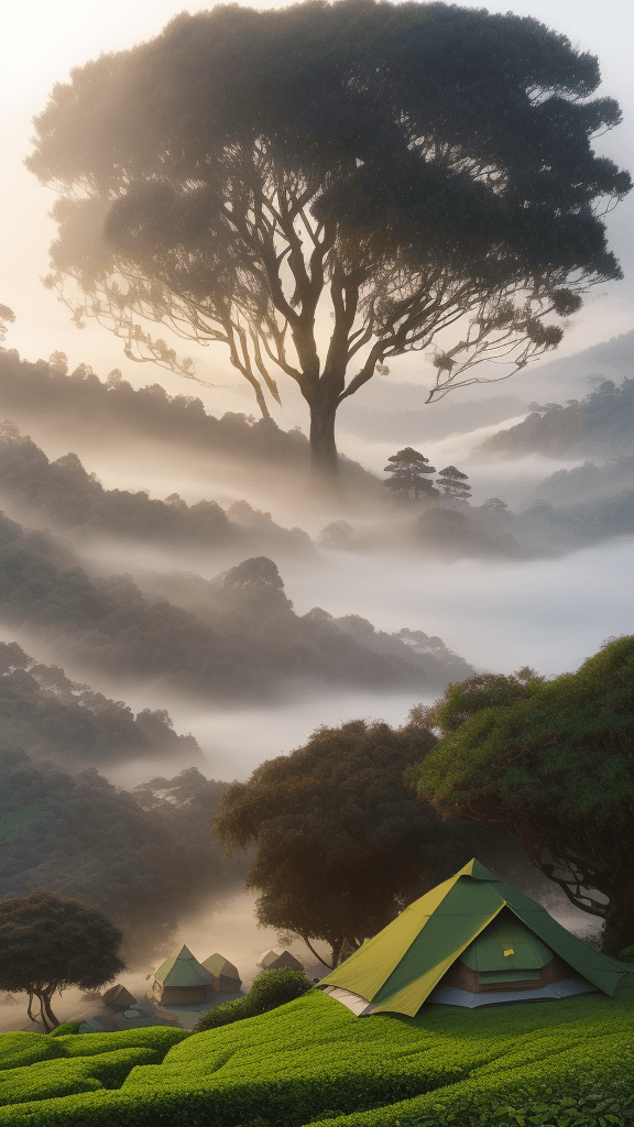 AI generated: /imagine prompt: Immersed in a fog-kissed tea estate, tents positioned amidst ancient tea trees, the...