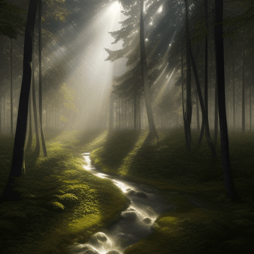 AI generated: photo of just rays of the sun (no sun visible) make their way from above throuhg the foliage of tree...