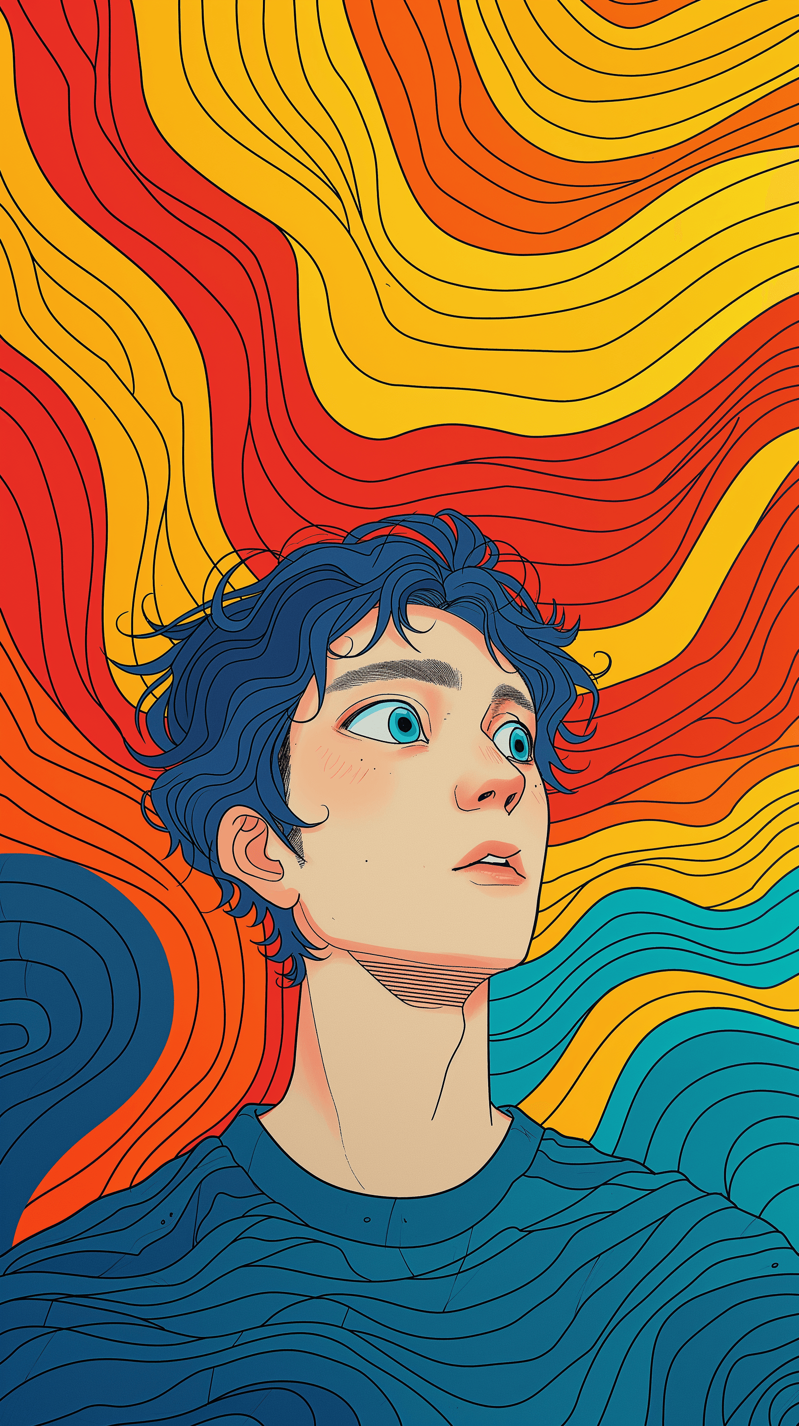 AI generated: illustration, personality, upper-body, man, front, simplify,consisting of four randomly colors, outl...