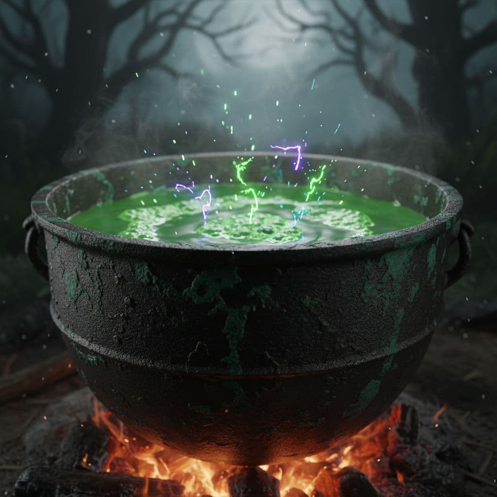 AI generated: Texture of witch's cauldron surface, bubbling green liquid, glowing embers, magical sparks, Hallowee...