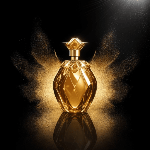 AI generated: Commercial photography, powerful gold dust explosion, luxury perfume bottle, with black label "DESEP...