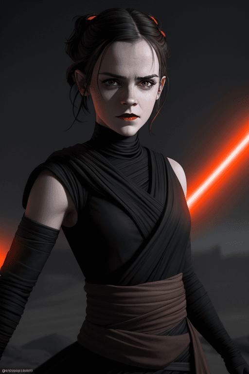 AI generated: Rey Skywalker (Emma Watson face) as sith in  Black Sith outfit, dark red lips, orange eyes from star...