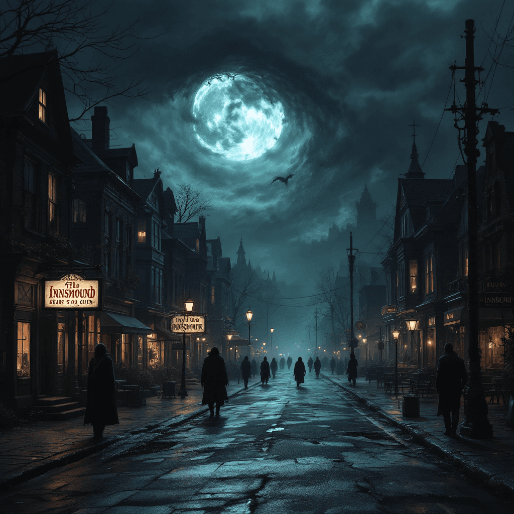 AI generated: Shadow over Innsmouth townscape, eerie atmosphere, several Innsmouth inhabitants on the sidewalks.  ...