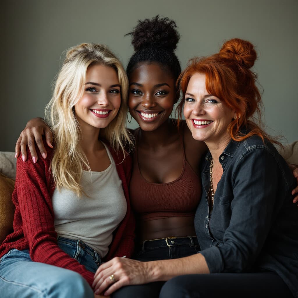 AI generated: Hyper realistic photograph of three women,a 20 year old blonde norwegian named sarah with distinc no...