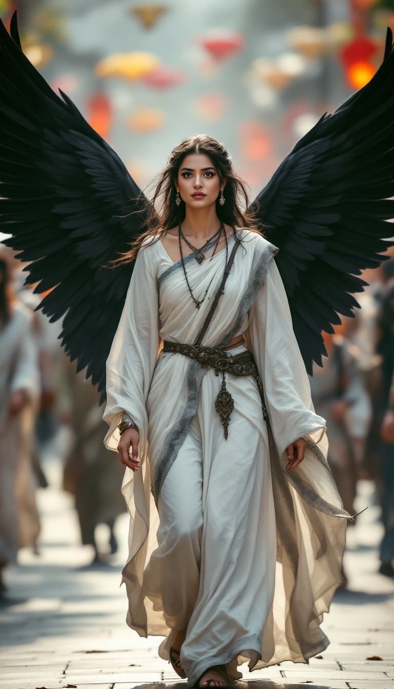 AI generated: Beautiful Indian women, Full-body shot of an angelic woman with black wings walking in the streets. ...