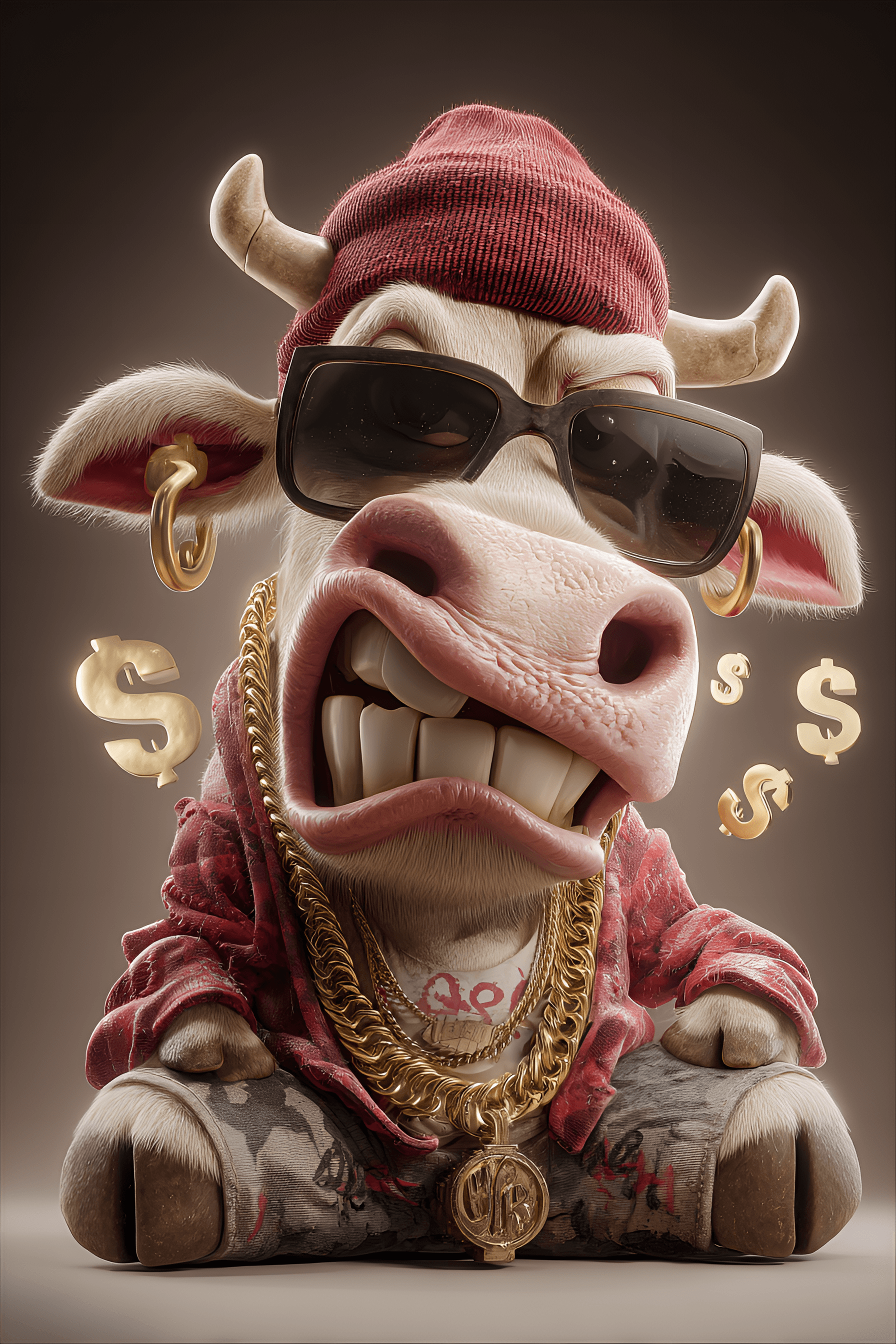 AI generated: funny caricature, hip-hop bovine, 7 years old, cool, flashy, nonchalant, exaggerated cow face with a...