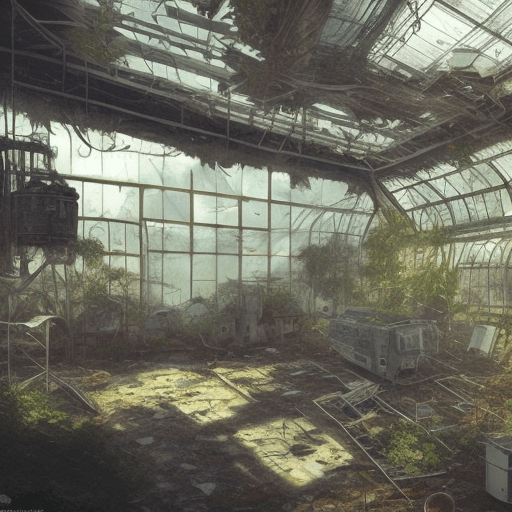 AI generated: The richly detailed interior of an abandoned space station, a broken robot, an overgrown greenhouse,...