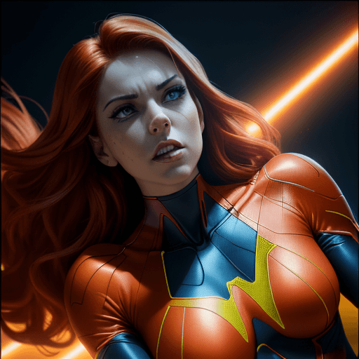 AI generated: 
accent lighting, from below body portrait of stunning beautiful super hero Firestar from Marvel com...