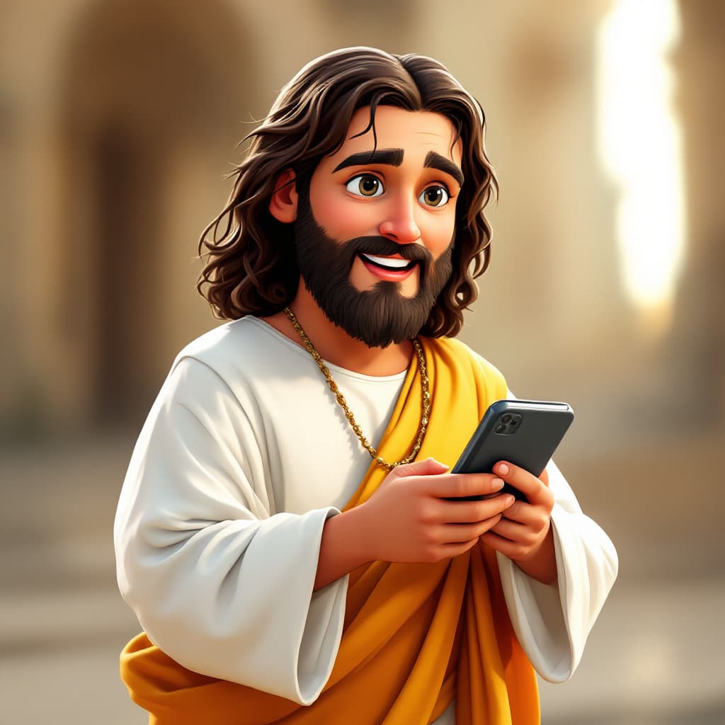 AI generated: cute jesus, cartoon, white long clothes, with smartphone in his hand
