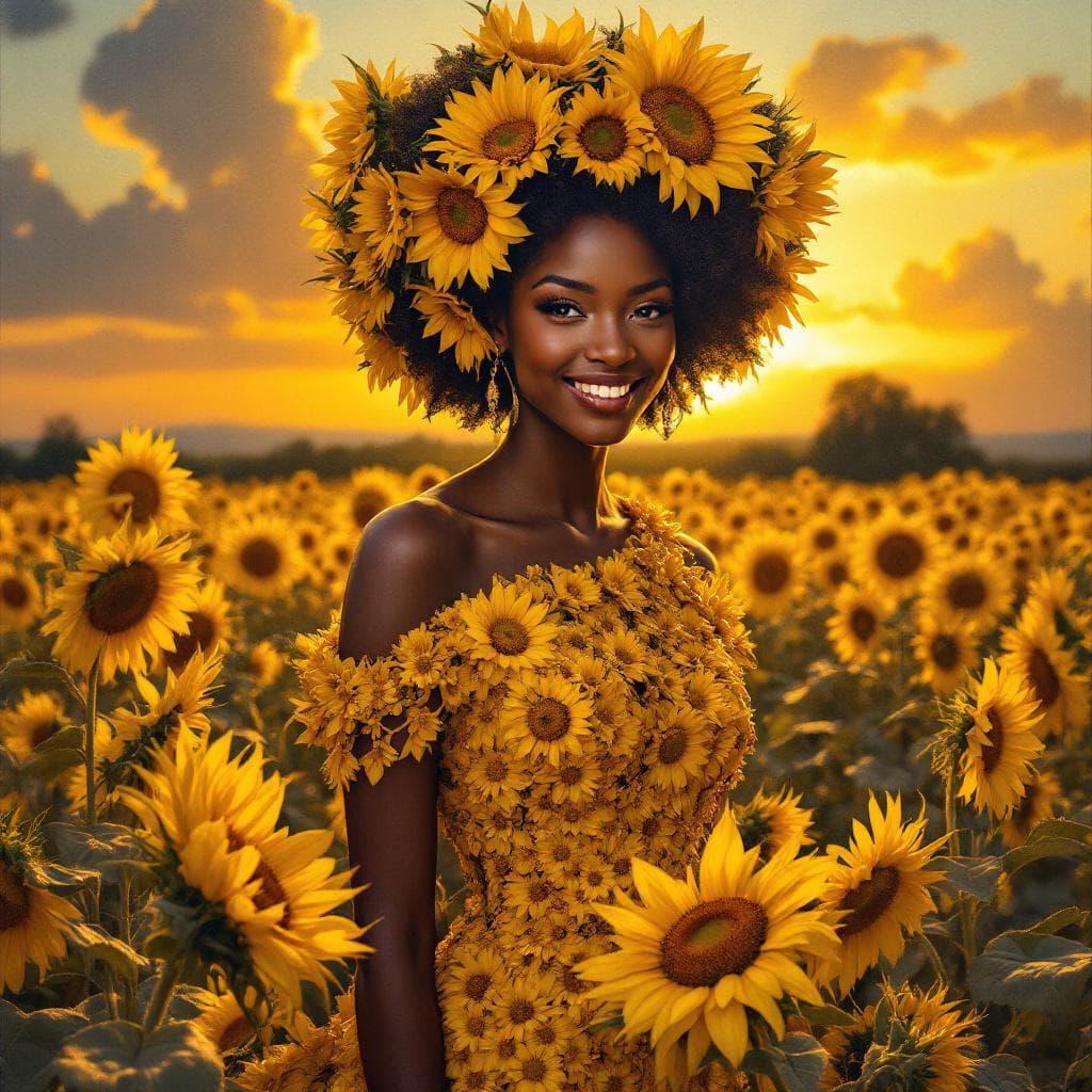 AI generated: A vibrant portrait of a modern African American woman adorned in an elaborate gown made entirely of ...