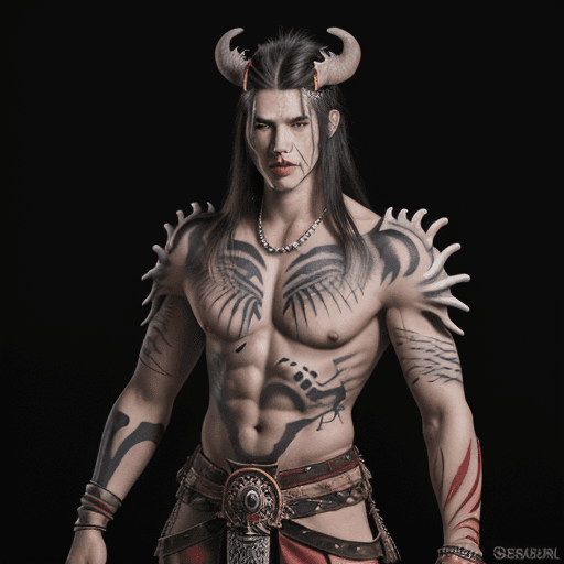 AI generated: Anime Design, Tribal King, Male, White Skin, Red Eyes, Long Hair, Muscular, Tribal Animal Tattoos, S...