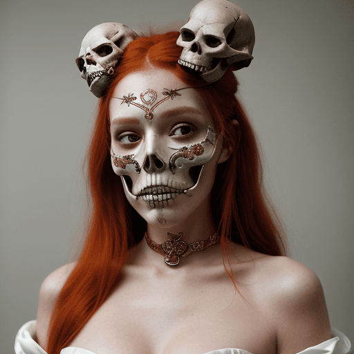 AI generated: photo portrait of a red haired woman wearing a skull and bone mask, in the style of rose gold and wh...