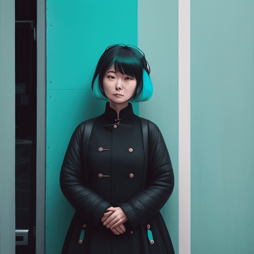 AI generated: a 50 year woman standing in front of a wall at a cafe, in the style of mamiya 7 ii, neo-pop sensibil...