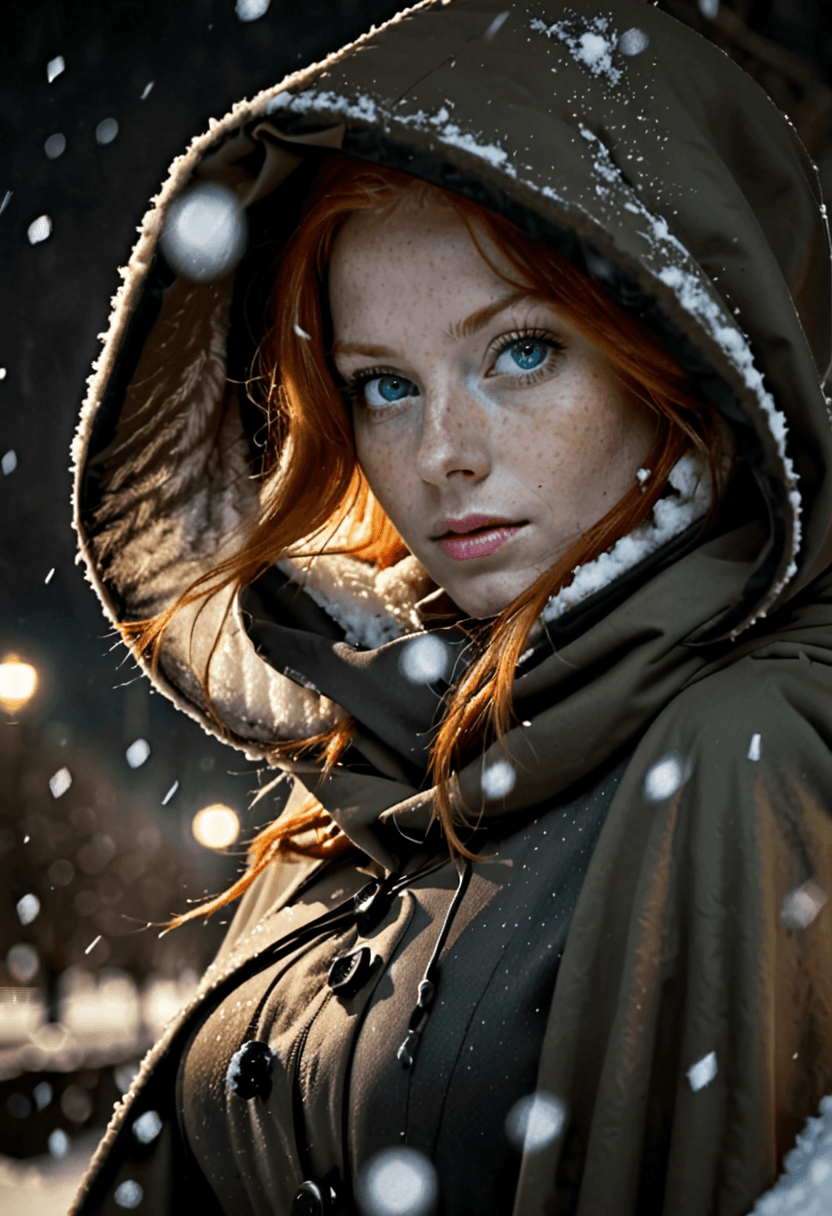 AI generated: HDR photo of woman, ginger hair, (freckles:0.6), light-blue eyes, perfect eyes, wearing a hooded clo...