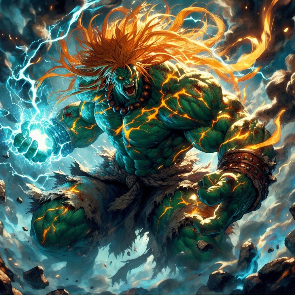 AI generated: Blanka from street fighter, beast, fighting at war, dark green skin, long orange hair, injured and d...