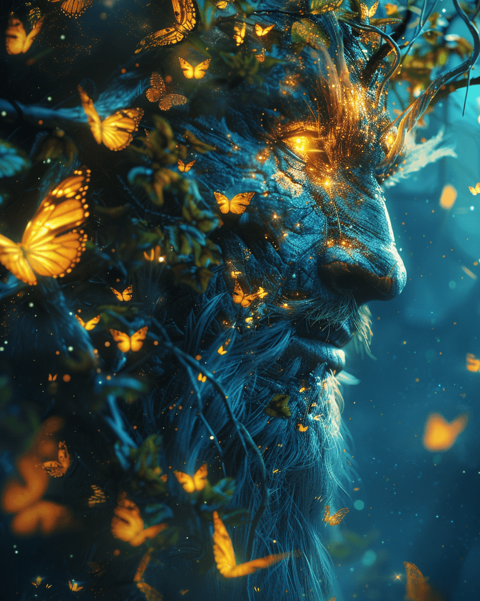 AI generated: A beautiful demon with glowing yellow eyes and bioluminescent butterflies on his face, photorealisti...