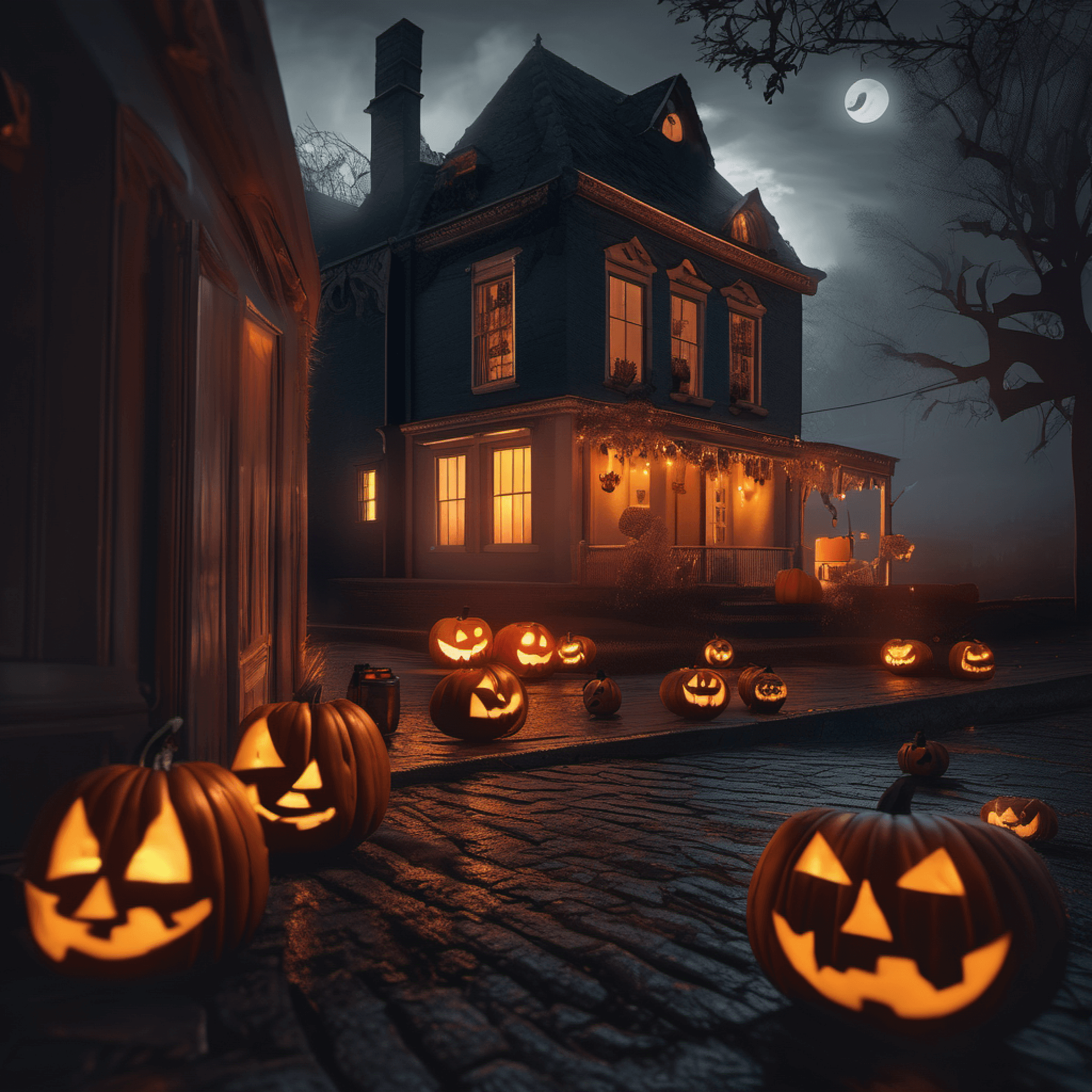 AI generated: a creepy and eery Halloween setting, with Jack o lanterns on the street and shadow figures lurking a...