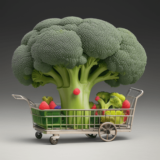 AI generated: A piece of fresh broccoli is cut into small pieces, two workers push the cart near, the color is mai...