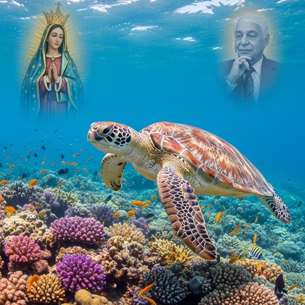 AI generated: sea turtle, realistic, swimming, coral reef, in the background the Virgin of the Valley and Jose Gre...