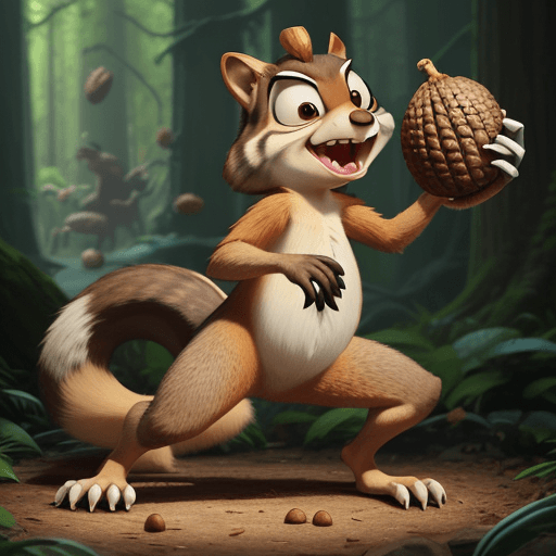 AI generated: Scrat, full body the lovable saber-toothed squirrel from Ice Age, caught in a comical struggle with ...
