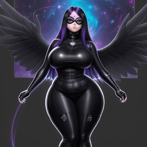 AI generated: Full Body!! studio concept art of thicc raven from teen titans wearing reflective glasses staring in...
