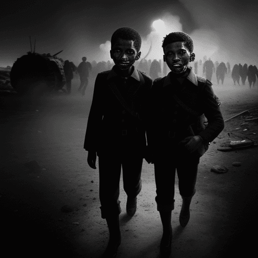 AI generated: Young enough to believe nothing will change them, they step, hand-in-hand, into the bomb crater. The...