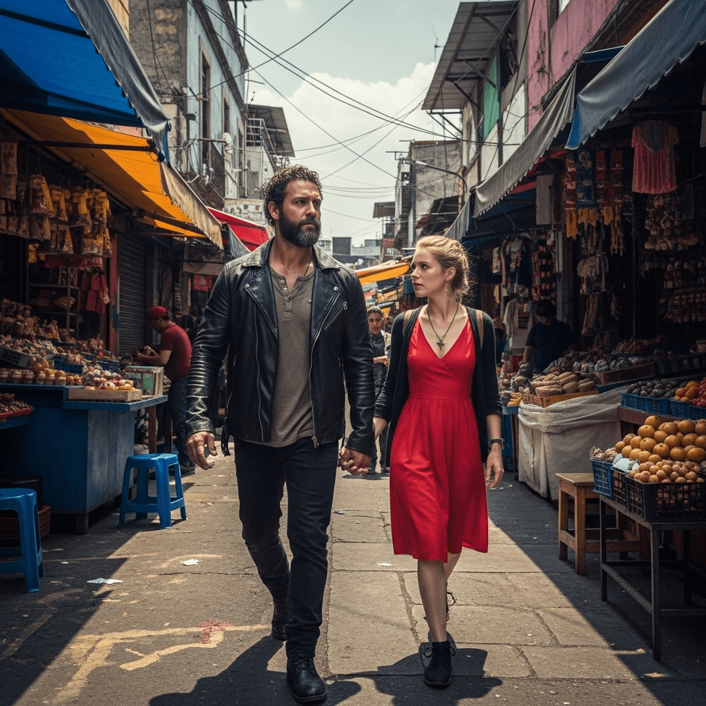 AI generated: a bold man with a lady, walking through Tepito, the most dangerous neighbourhood of Mexico City