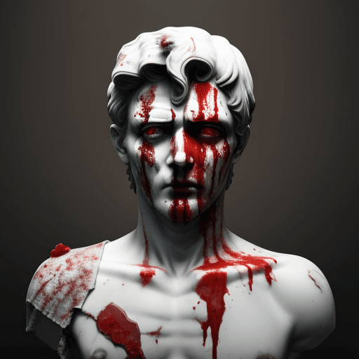 AI generated: bloodyface marble statue of caesar, blood dripping, blood smeared on face