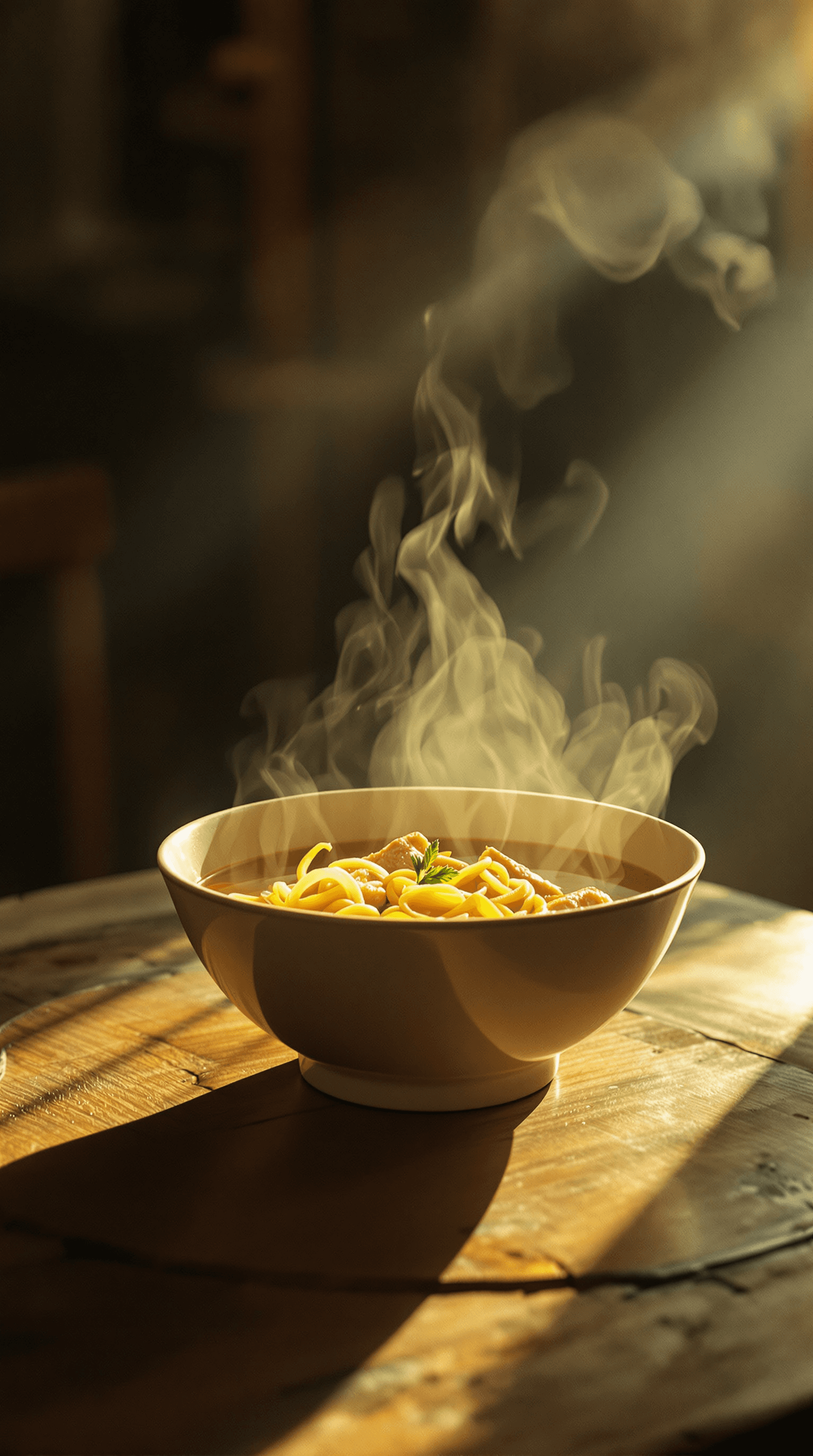 AI generated:  Steaming bowl of chicken noodle soup on a worn, wooden table, surrounded by soft, golden lighting, ...