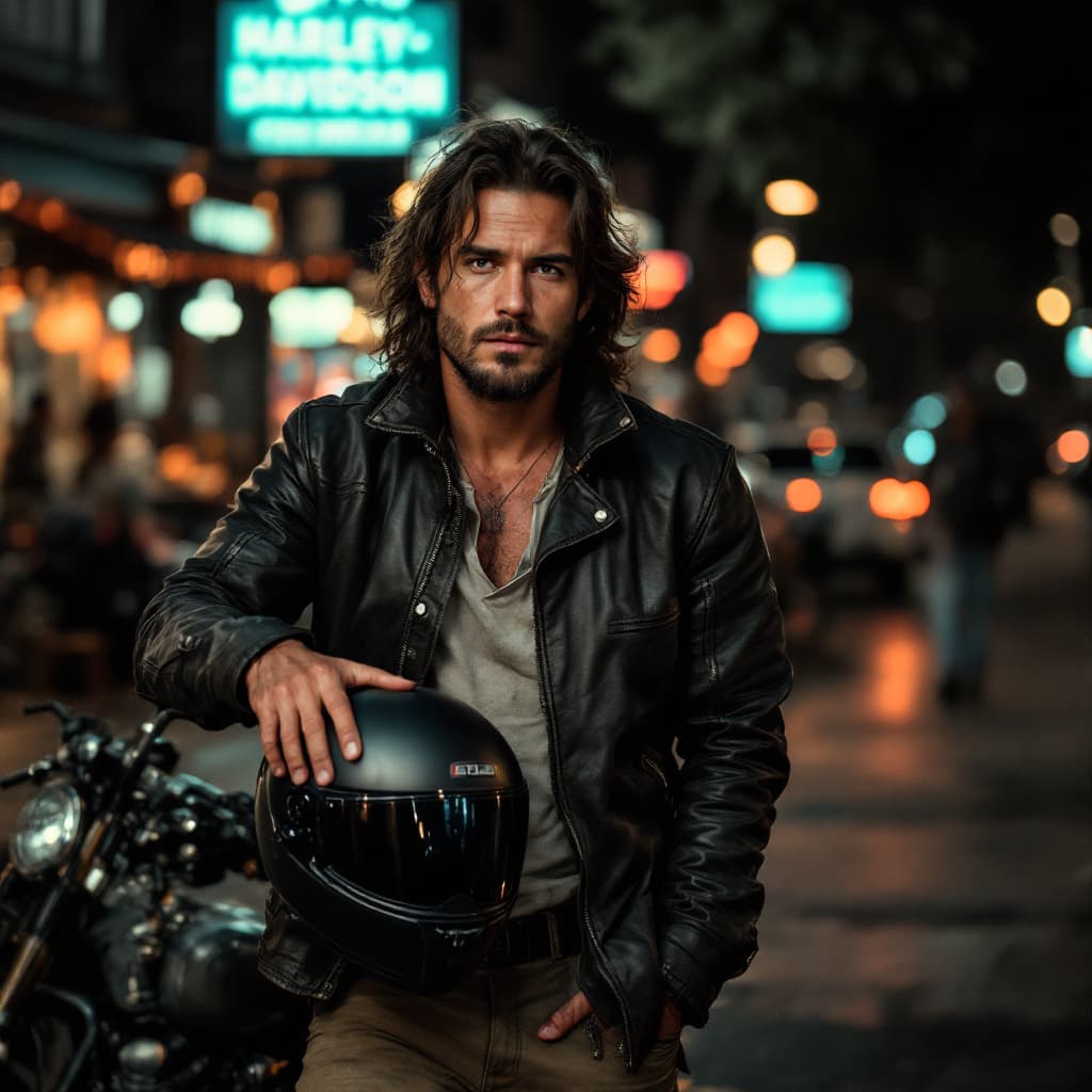 AI generated: photo of a middle-aged colombian long hair, 27 years old man, full body, wearing worn-out:1.2 leathe...