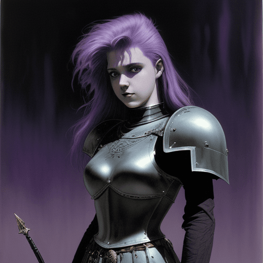 AI generated: girl with purple hair with knight equipement, 80s dark fantasy, dark fantasy, dark fantasy aesthetic...