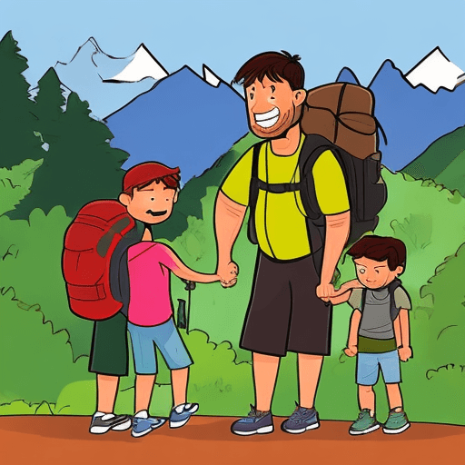 AI generated: comic book art style, a 6 year old boy, his father and his mother is about to start a hiking in fore...