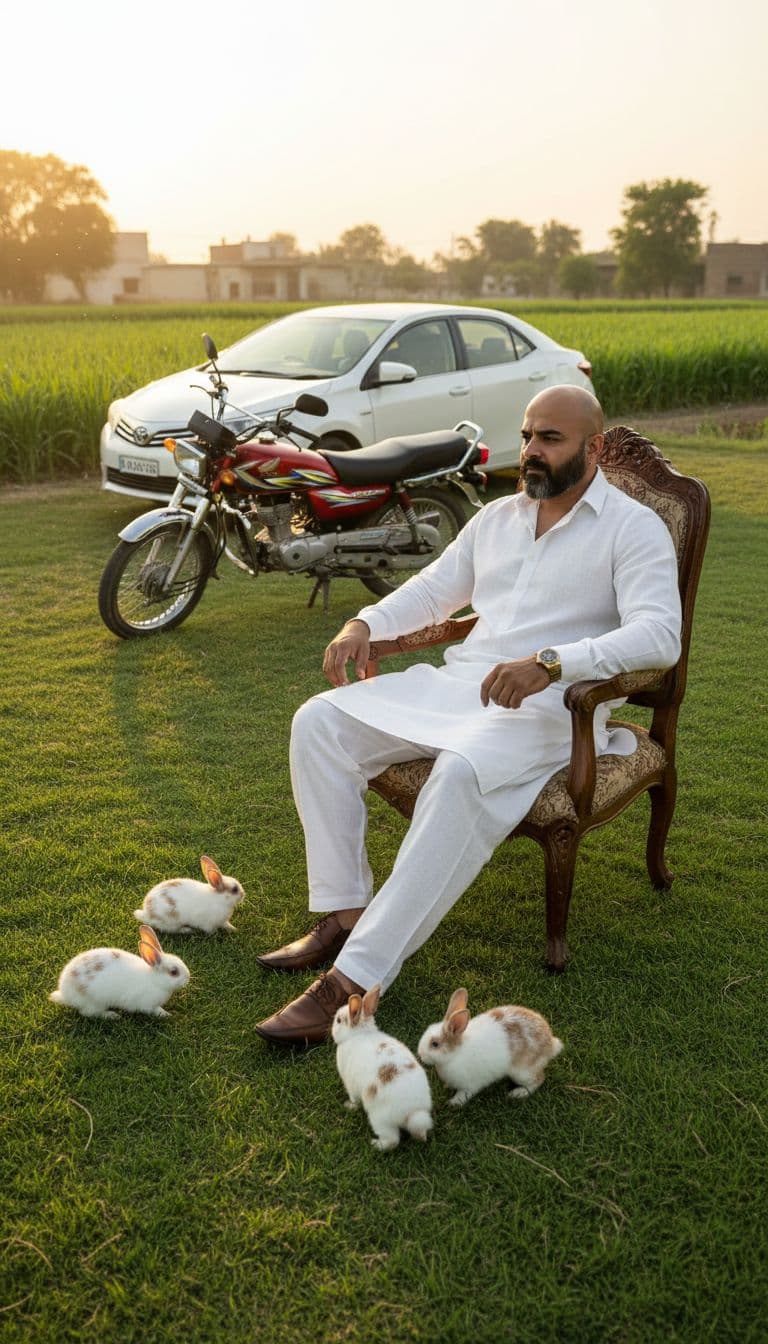 AI generated: A ultra Realistic man Sitting on chair in green
garden very big, Wearing White Punjabi clothes
wit...